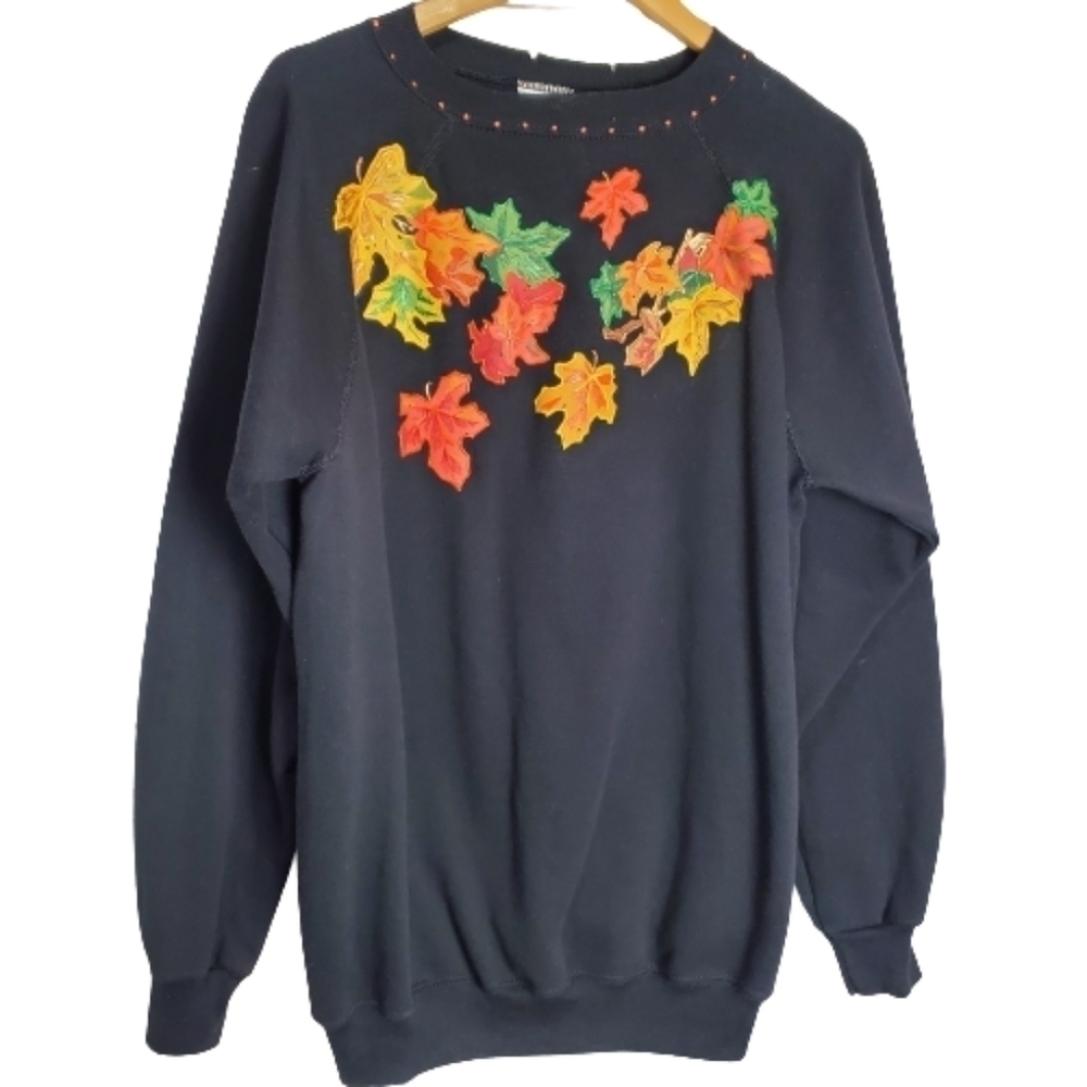 Vintage 80s 3D Black Puff Paint Floral Leaves Long Sleeve Sweatshirt Size XL
